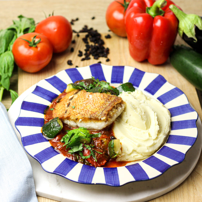 Lenghaas met caponata en puree