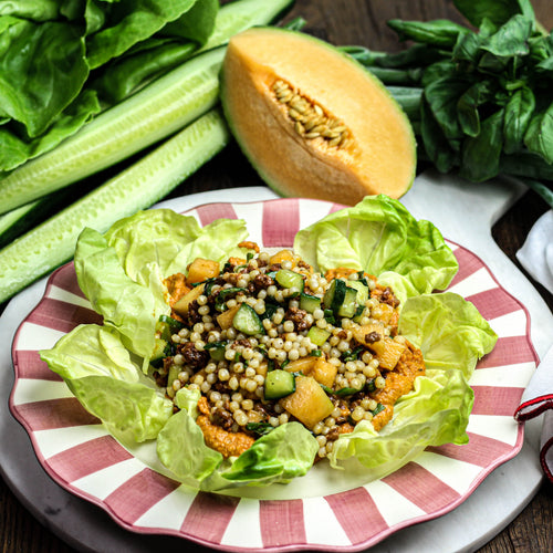 Fregola salade met meloen, chorizo en romesco dip (07/07-19/07)