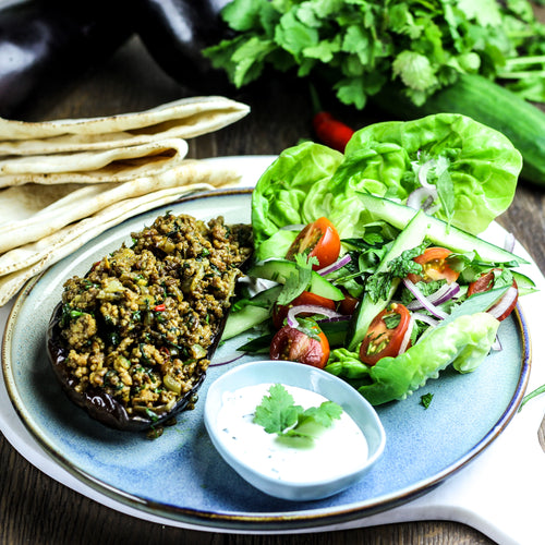 Aubergine met kruidig gehakt en dürüm