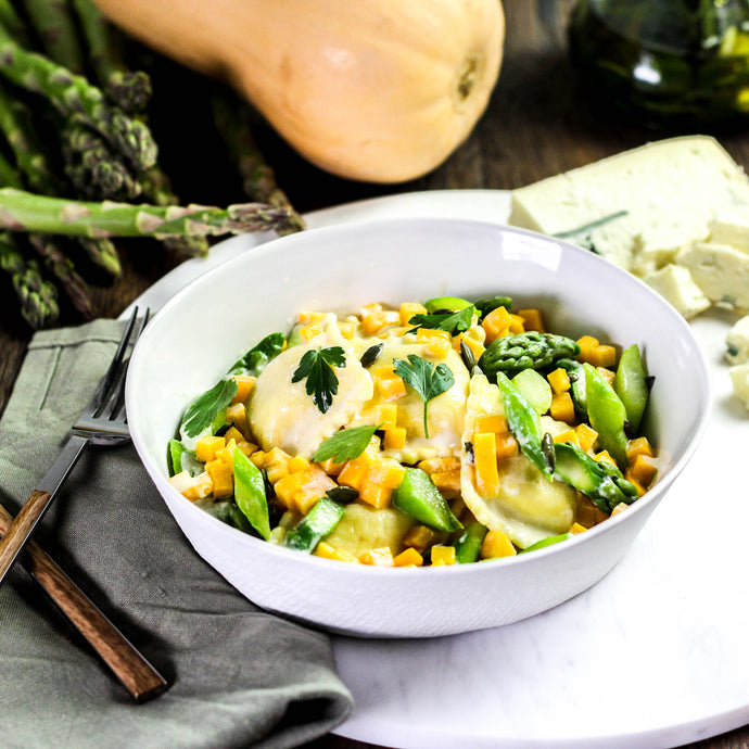 Ravioli van pompoen met butternut en asperges (V)