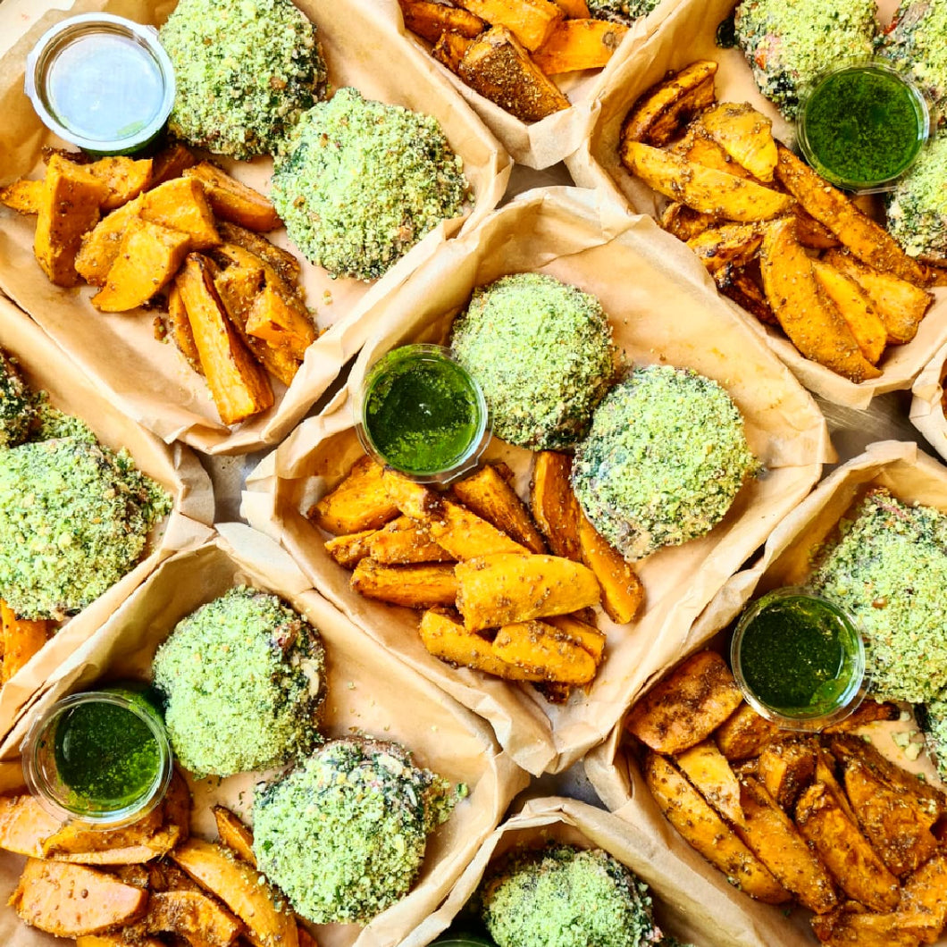 Zuiderse portobello met zoete aardappelwedges (V)